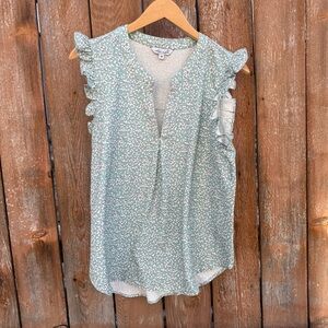 EDEN RUTH Women’s Green Floral Ruffle Sleeveless Shirt Blouse Size Medium